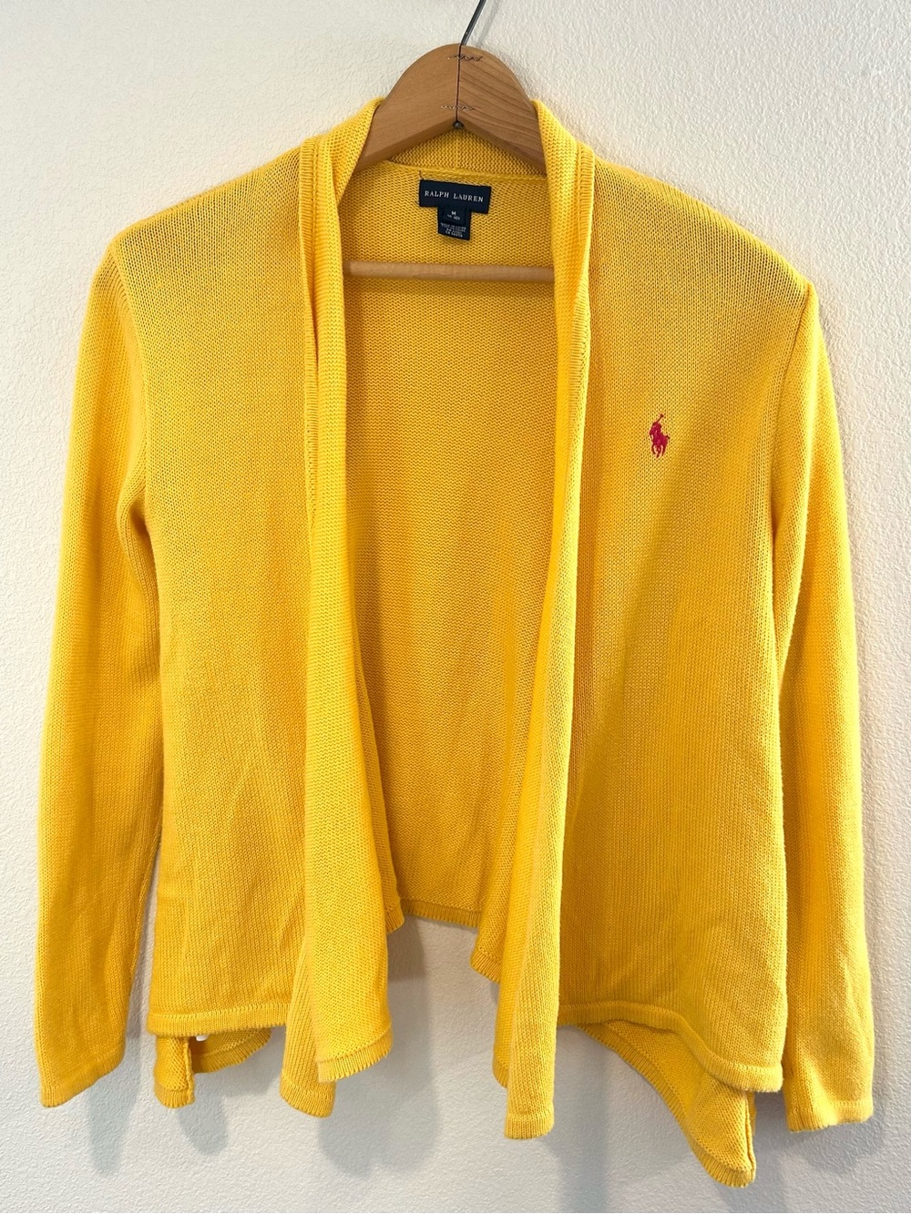 Ralph Lauren Yellow Open Knit Waterfall Cardigan 100% Pima Cotton Preppy Size M
